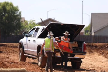Pickup truck at a job site being prepared