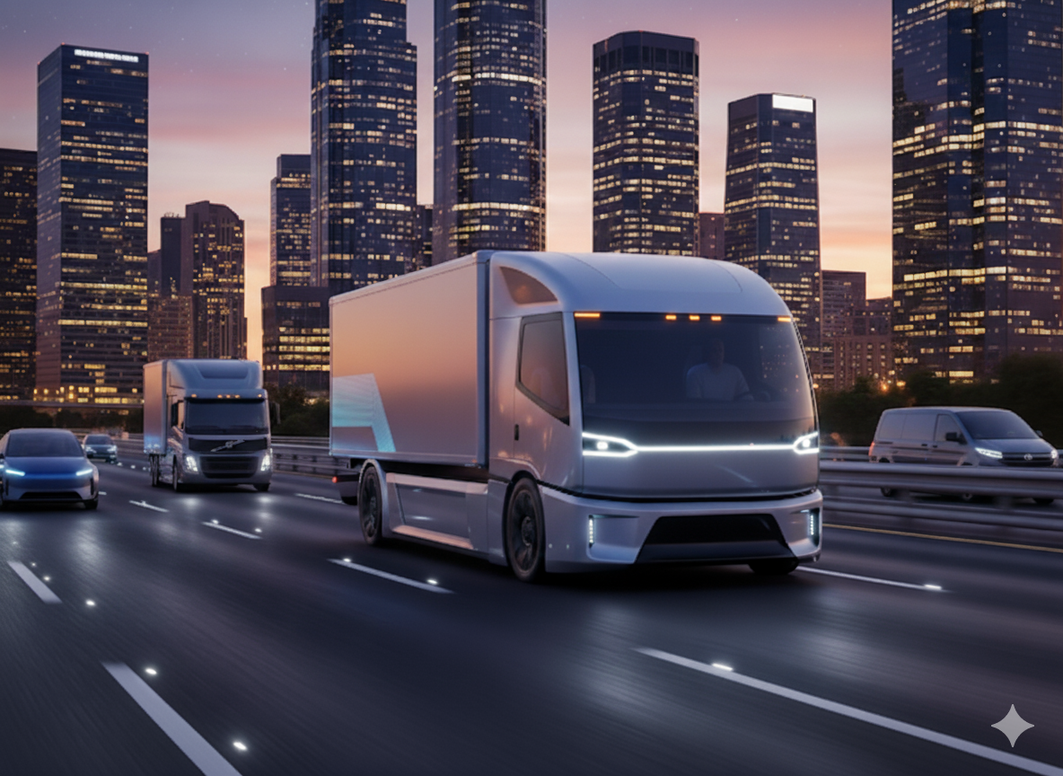 Modern electric semi-truck driving on a highway at dusk with city skyscrapers in the background and other vehicles.