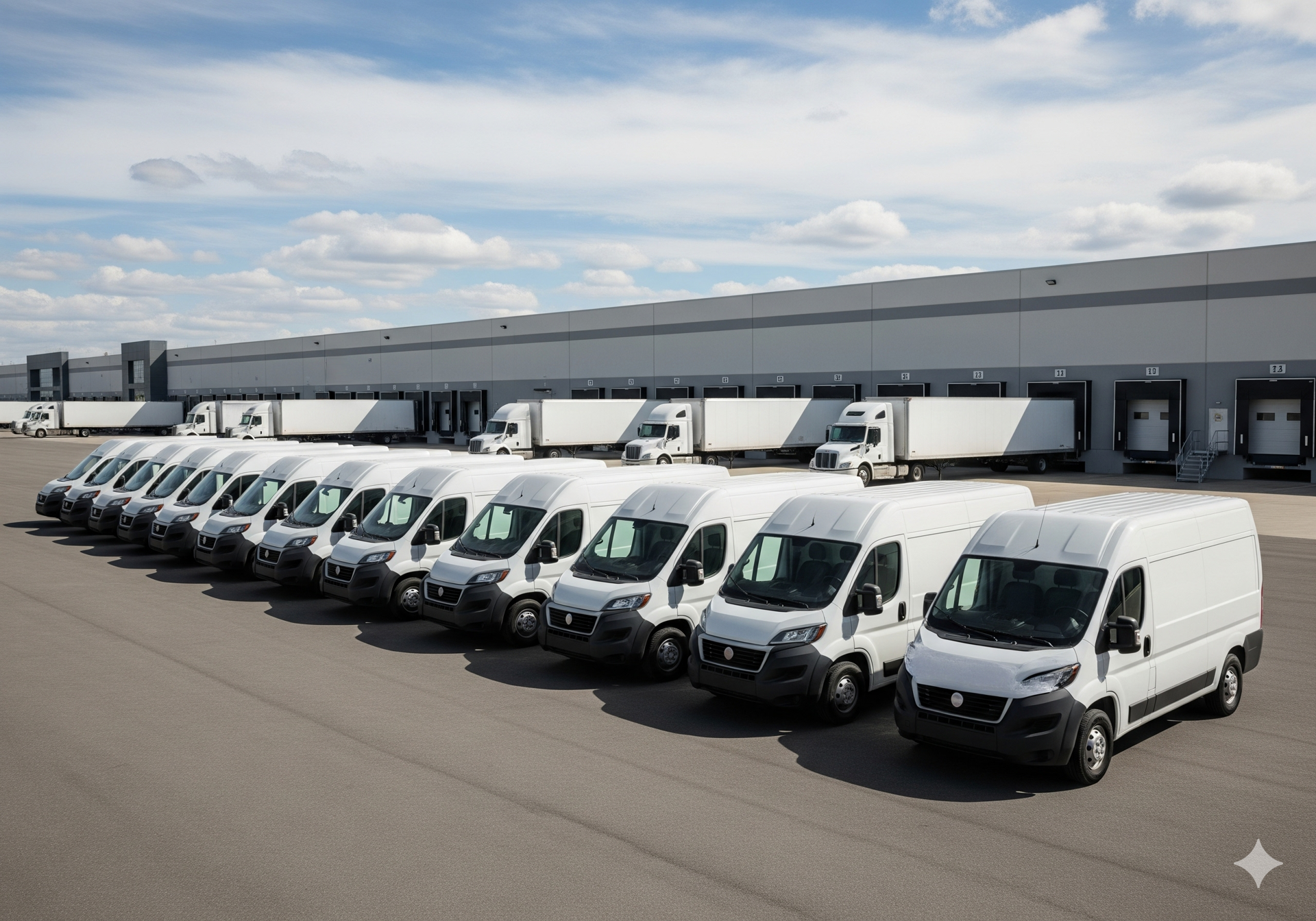A large fleet of white commercial cargo vans parked in rows outside a warehouse loading dock under a partly cloudy sky.