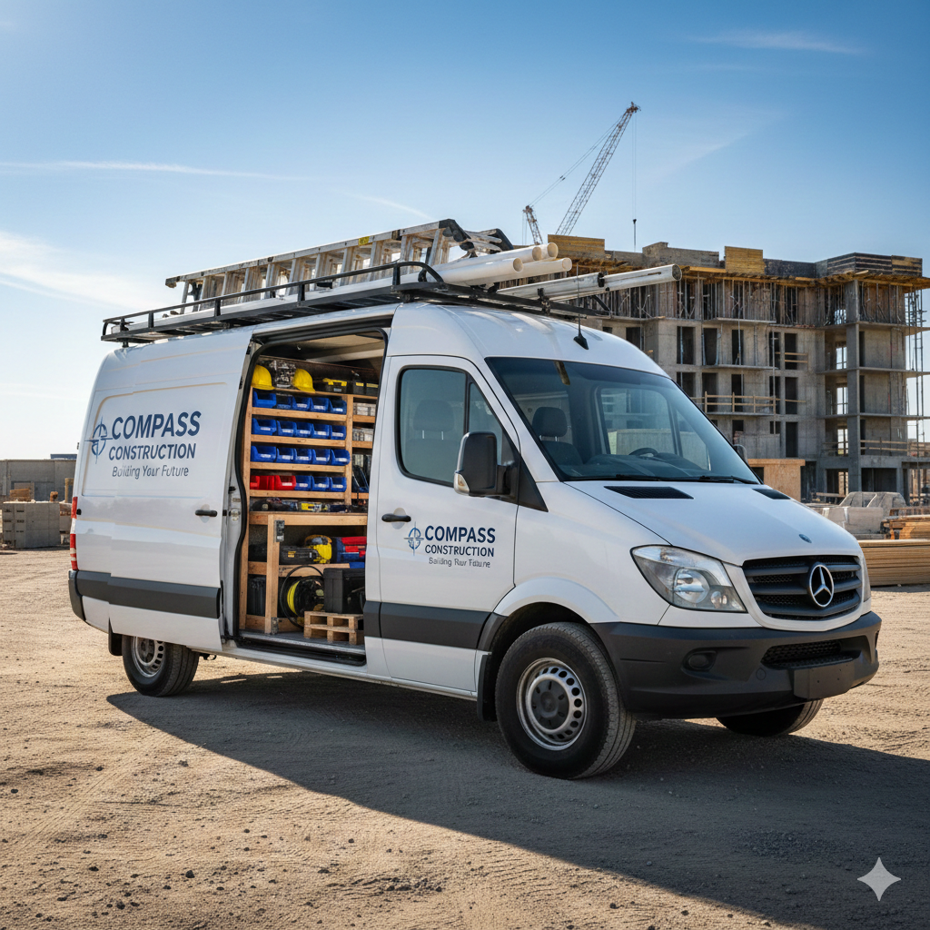 A white contractor work van parked on a construction site with its slider door open. The interior cargo area is fitted with custom wooden shelving units organized with red and black storage bins, toolboxes, and various construction tools
