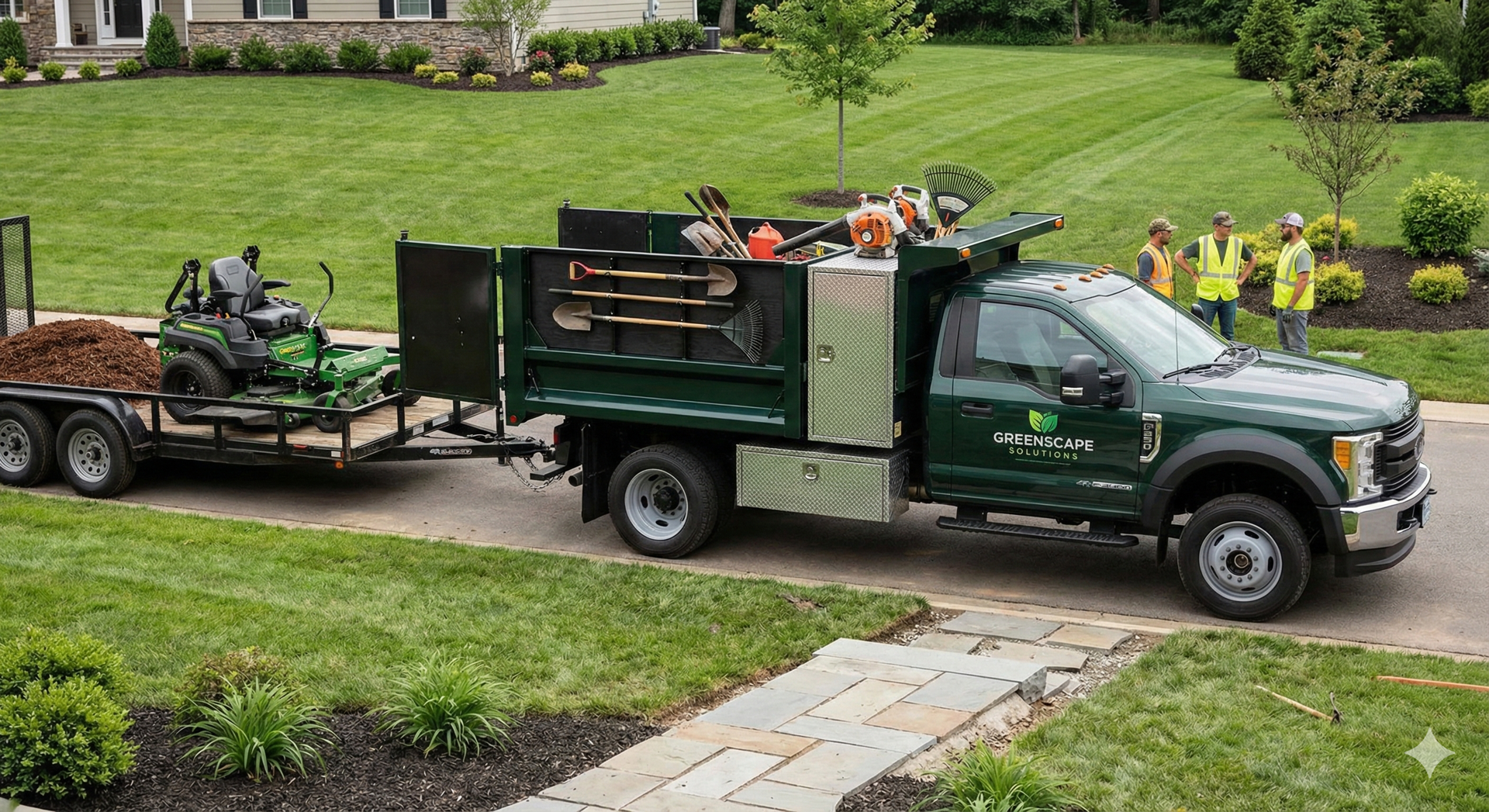 A heavy-duty green landscaping truck parked in a residential driveway, featuring a landscape-specific body with integrated side toolboxes and racks holding shovels and rakes. The truck is towing a flatbed trailer carrying a commercial zero-turn mower and mulch, illustrating a fully equipped setup for efficient landscaping work.