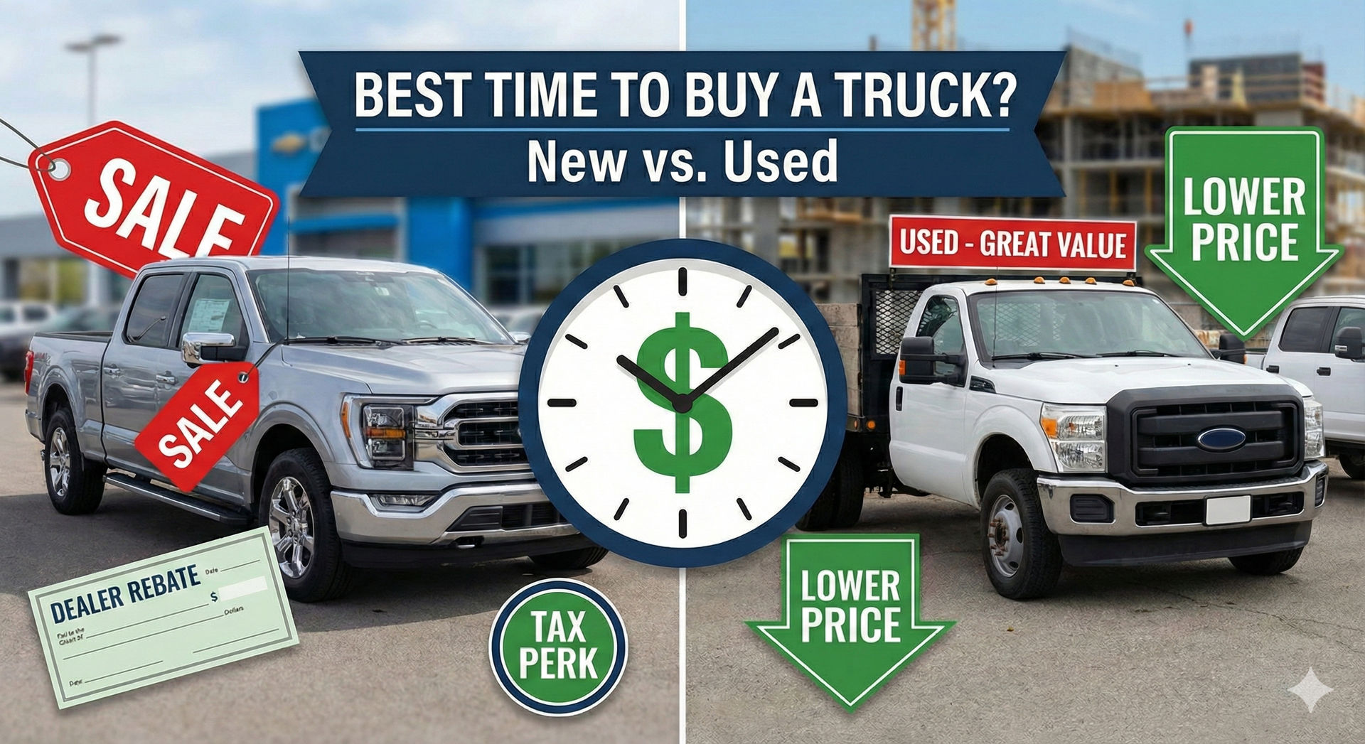 A split-screen infographic titled "BEST TIME TO BUY A TRUCK? New vs. Used" with a central clock icon containing a dollar sign.
