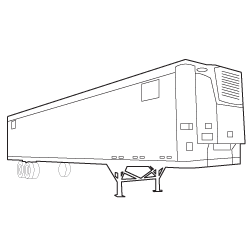 Line drawing illustration of an enclosed refrigerated semi-trailer (reefer) on a white background, shown in a three-quarter side view with refrigeration unit visible on the front