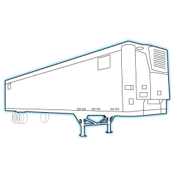 Line drawing illustration of an enclosed refrigerated semi-trailer (reefer) on a black background with teal-blue highlighted outlines, shown in a three-quarter side view with refrigeration unit visibl