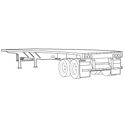 Line drawing illustration of a flatbed semi-trailer on a white background, shown in a three-quarter side view