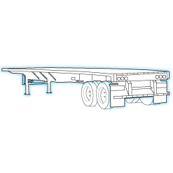 Line drawing illustration of a flatbed semi-trailer on a black background with teal-blue highlighted outlines, shown in a three-quarter side view